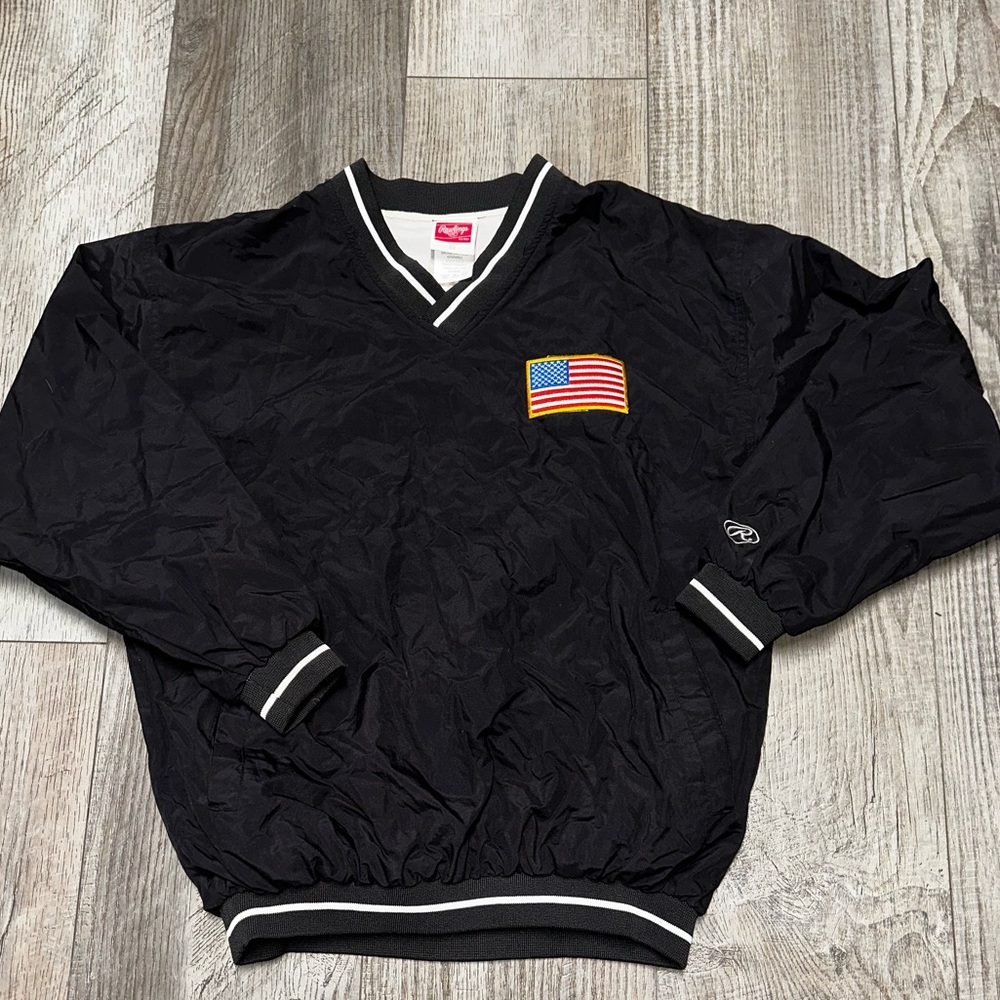 Vintage Rawlings lined black baseball sport pullover v neck American flag patch